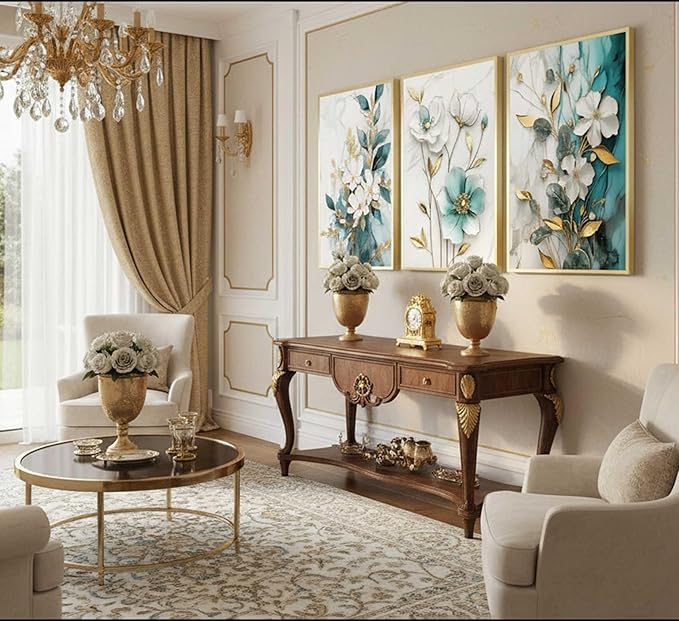 3Pcs White Gold Flower Canvas Wall Art Modern Luxury Blue White Gold Abstract Marble Floral Botanical Painting Picture Wall Decor Poster Print Artwork for Living Room Bedroom Home Decoration Unframed