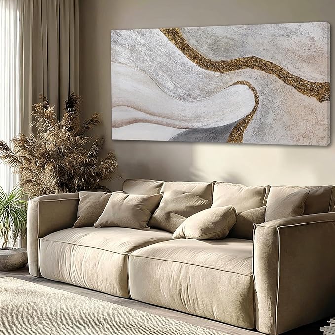 ZUNARE Modern White and Gold Abstract Canvas Wall Art Textured Posters Picture Flowing Line Design Minimalist Artwork for Living Room Bedroom Office Neutral Wall Decor 24x48 Inch