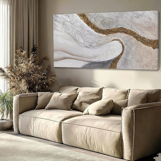 ZUNARE Modern White and Gold Abstract Canvas Wall Art Textured Posters Picture Flowing Line Design Minimalist Artwork for Living Room Bedroom Office Neutral Wall Decor 24x48 Inch