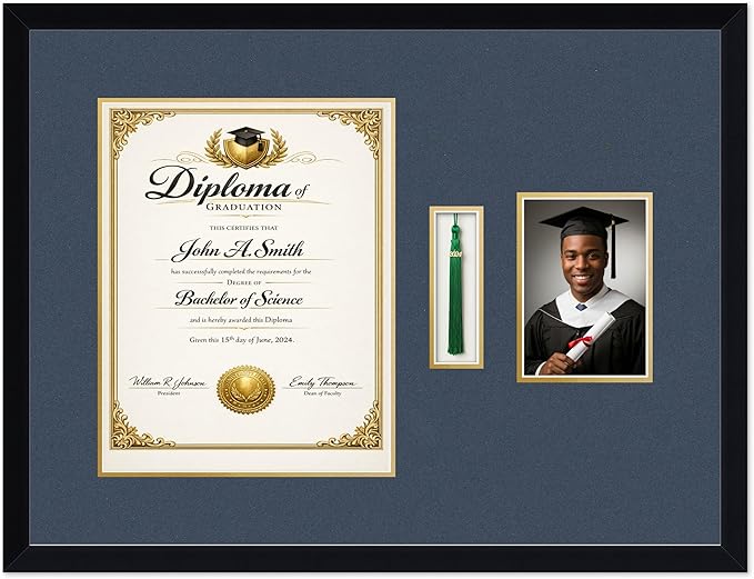 CountryArtHouse Diploma Tassel and Photo Shadowbox Fits 11 x 14 College Diploma (Portrait) with Tassel Matte Black Genuine Hardwood with Navy Blue Over Metallic Gold Double mat