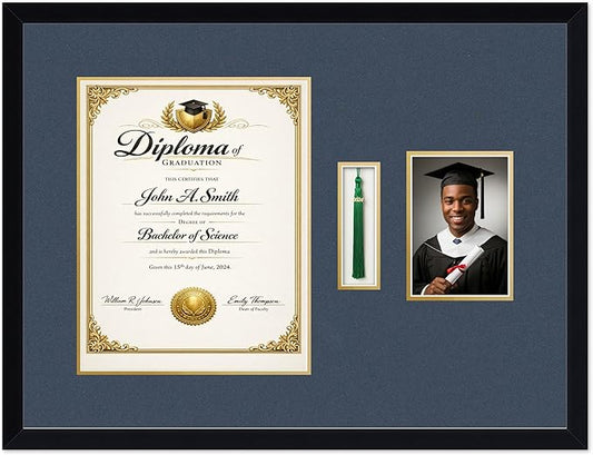 CountryArtHouse Diploma Tassel and Photo Shadowbox Fits 11 x 14 College Diploma (Portrait) with Tassel Matte Black Genuine Hardwood with Navy Blue Over Metallic Gold Double mat