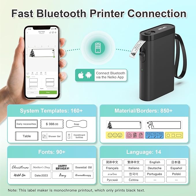 Nelko Black Label Maker Machine with Tape, P21 Bluetooth Label Printer, Adapted Label Print Paper, 14x40mm (0.55"x1.57"), Office Labeling Tape Replacement, 180 Tapes/Roll, 3 Rolls, Transparent