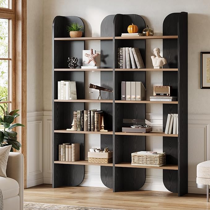 Tribesigns 5-Tier Farmhouse Bookshelf, 70.87-Inch Tall Double Wide Bookcase with Open Shelves, Vintage Floor Standing Book Shelf (1, Black+Brown)