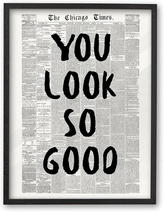 iHery Premium Natural Black OAK Wood 12x16in You Look So Good Trendy Inspirational Framed Wall Art, Vintage Girl Newspaper Motivational Canvas Wall Decor For Dorm Bedroom Living Room Posters 1Pack