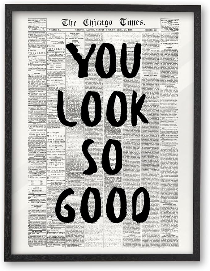 iHery Small Premium Natural Black OAK Wood 8x10in You Look So Good Trendy Inspirational Framed Wall Art, Vintage Girl Newspaper Canvas Motivational Wall Decor For Dorm Bedroom Living Room 1Pack