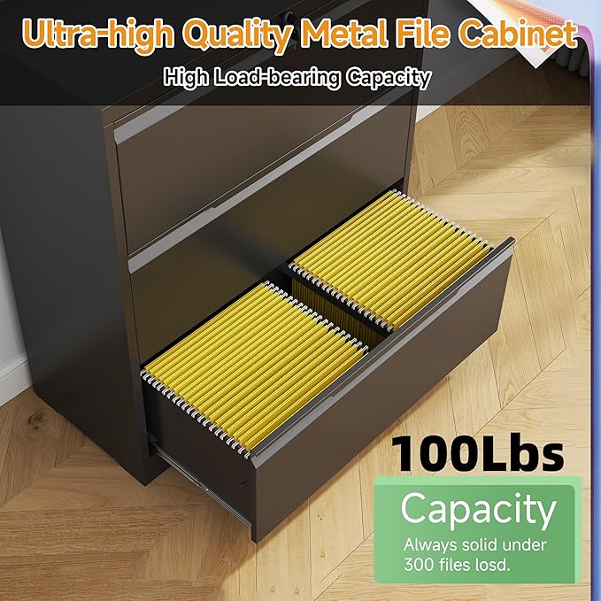 3 Drawer Lateral File Cabinet with Lock,Filing Cabinets for Home Office,Metal File Cabinet for Letters/Legal/A4 Size, Assembly Required,Black