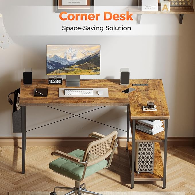 Mericonia Small L Shaped Computer Desk with Power Outlets, Reversible Gaming Desk with Storage Shelves, Corner Gamer Desk Table, Study Writing Table