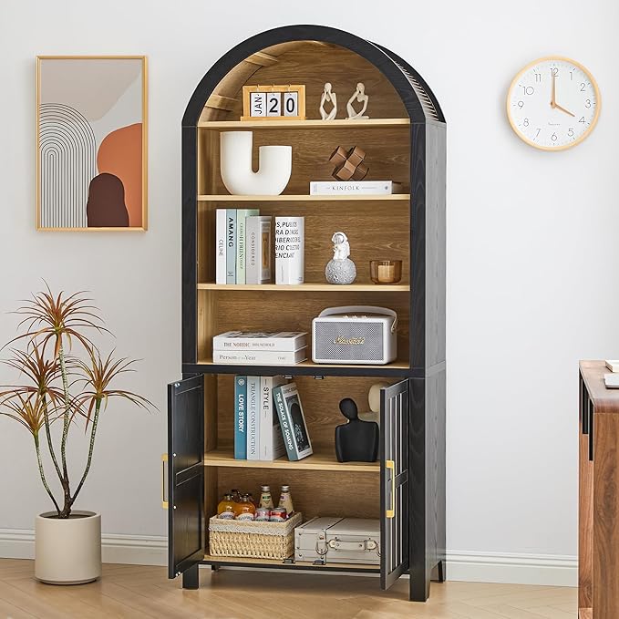 71" Tall Arched Bookcase, Arch Bookshelf with Doors , Modern Farmhouse Book Shelf Storage Cabinet with Adjustable Shelves, Wood Bookshelf w/Open Display for Living Room, Office Decor (Black/Natural)