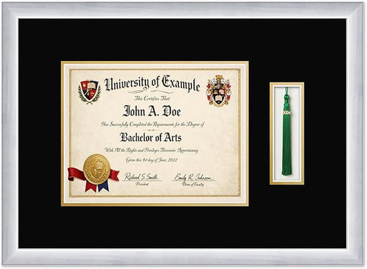 CountryArtHouse Diploma and Tassel Frame Fits 11 x 8.5 US Letter Certificate with Tassel Stainless Silver Genuine Hardwood Shadowbox with Black Over Metallic Gold Double mat