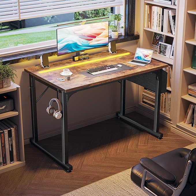 40 Inch Computer Desk with LED Lights for Small Spaces, Office Desk for Home Office, Study Desk Writing Table with Storage Bag, Headphone Hook, Rustic Brown