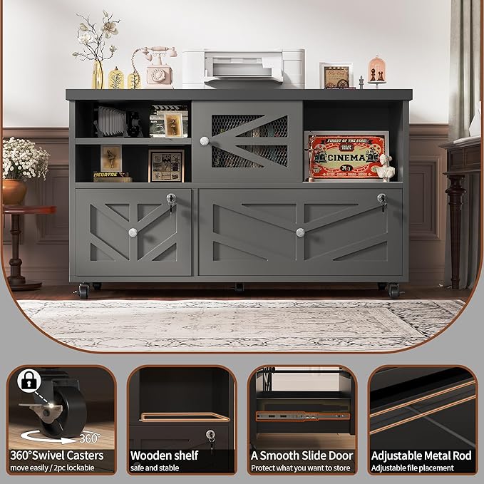 Semoic Black Lateral File Cabinet with Lock, 2 Drawer Rolling Filing Cabinet for Home Office, Mobile Storage Cabinet with Open Shelves & Sliding Door, Fits Legal/Letter/A4 Files, Herringbone Design