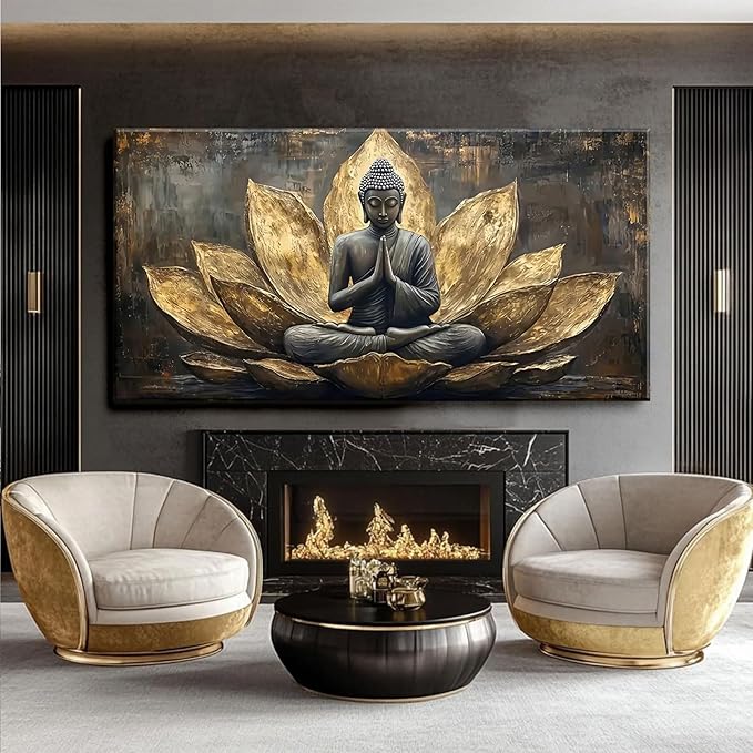 Large Buddha Lotus Canvas Wall Art Abstract Gold and Grey Zen Buddhism Decor painting Pictures Modern Serene Meditation Posters Prints for living room Bedroom Office Hallway Home Decoration