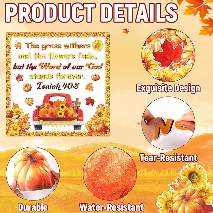 Fall Bulletin Board Decorations Set Religious Pumpkin Classroom Decor Pumpkin Truck Sunflower Maple Leaf Cutout Thanksgiving Autumn Harvest Party School Classroom Chalkboard Wall Church Supplies Favor