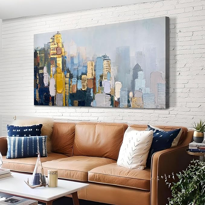 Arjun Neutral Wall Art Painting Abstract Art Wall Decor Canvas, Large Textured Skyline for Living Room Gold Painting Modern Wall Art for Men Bedroom Cityscape Artwork Home Office Wall Decor, 40"x20"