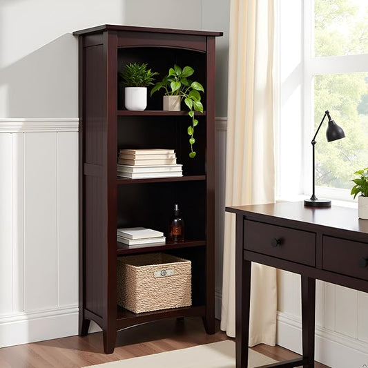 Shaker Cottage 4-Shelf Bookcase – Classic Wood Bookshelf with Beadboard Side Panels, Tapered Legs, and Open Storage for Living Room, Office, or Kids Room by Alaterre Furniture (Espresso Finish)