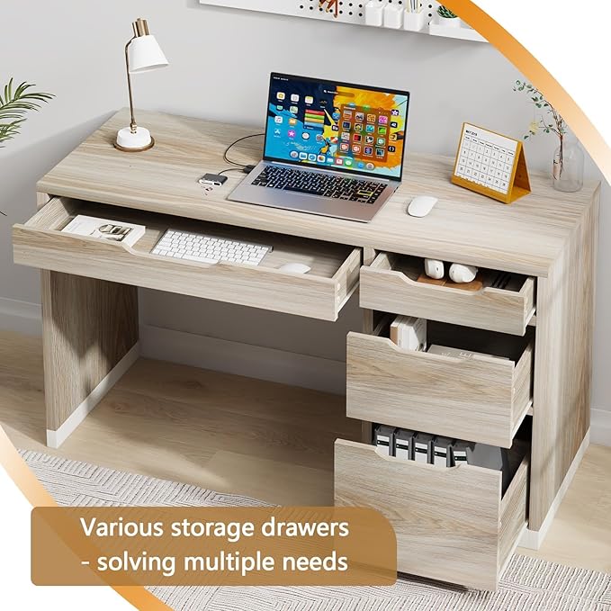 Small Desk with Drawers, 52 Inch Home Office Desk with Storage for Bedroom, Computer Desk with Filing Drawer for Small Space, Walnut