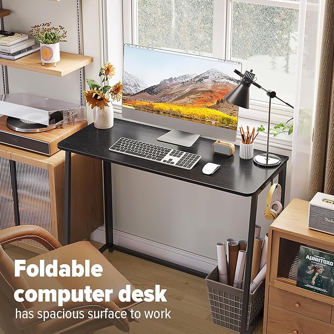WOHOMO Folding Desk, 39.4" Narrow Writing Foldable Desk, Space-Saving Laptop Table, Easy Assemble Workstation for Home Office, Black