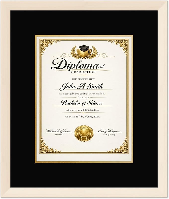 CountryArtHouse Diploma Frame Fits 10 x 13 College Diploma (Portrait Traditional) - Keepsake Graduation Coastal Whitewash Genuine Hardwood with Black Over Metallic Gold Double mat