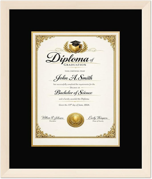 CountryArtHouse Diploma Frame Fits 10 x 13 College Diploma (Portrait Traditional) - Keepsake Graduation Coastal Whitewash Genuine Hardwood with Black Over Metallic Gold Double mat