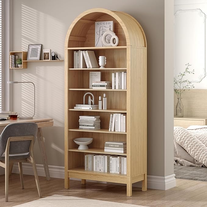 Tall Arched Bookshelf, 7-Tier Bookcase with 3 Adjustable Shelves, Modern Farmhouse Storage Shelf for Living Room, Entryway, Office, 29.5" W x 70.1" H x 13.8" D, Natural Oak