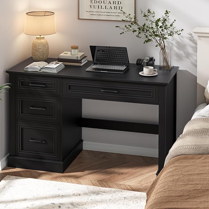 Farmhouse 47" Executive Desk with 3 Drawers and Adjustable File Drawer, Workspace for Home Office and Study, Pure Black.
