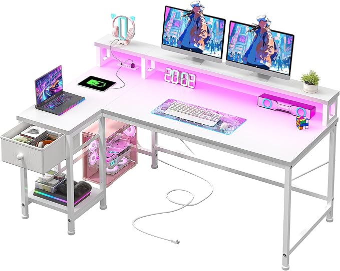 White Desk with Drawers, 40" L Shaped Computer Desk with Monitor Stand & LED Lights & Power Outlet for Small Room, Study Room, Bedroom, White
