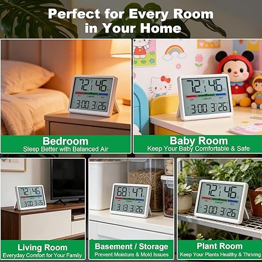 Digital Hygrometer Indoor Thermometer, Clock with Temp & Humidity, Temp Gauge with Comfort Indicator, Wall/Magnetic/Desk Alarm Clock for Bedroom, Baby Room, Office, Kitchen, Garage (White)