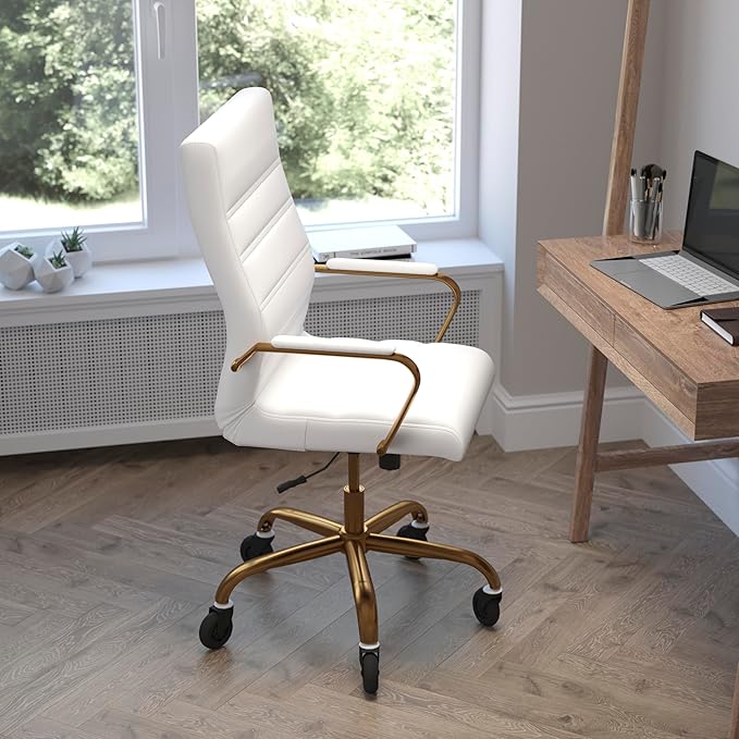 Flash Furniture Whitney High Back White LeatherSoft Executive Swivel Office Chair with Gold Frame, Arms, and Transparent Roller Wheels