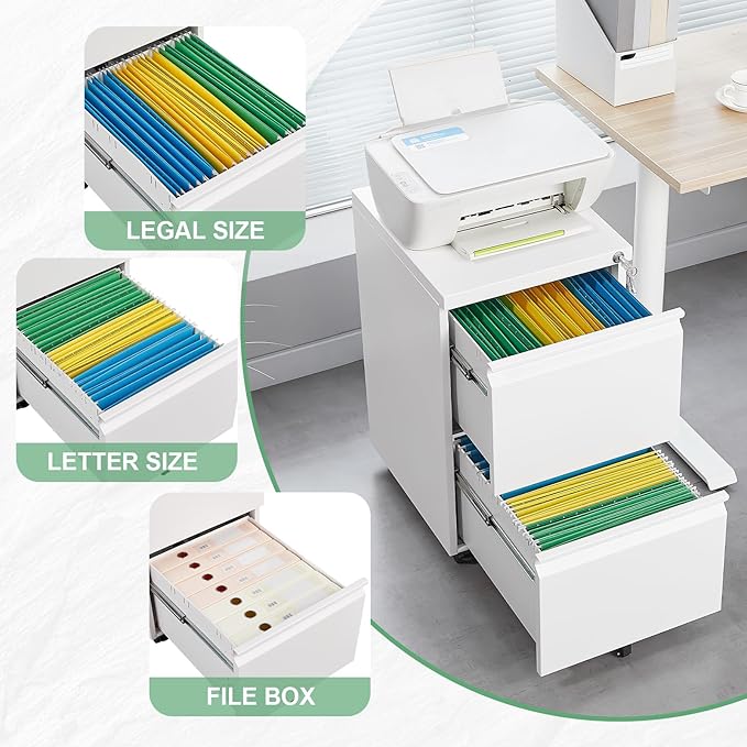 [Fully Assembled] 2 Drawer Lockable Metal File Cabinet on Wheels, Mobile Under Desk Filing Cabinet with Printer Stand, Home Office Storage Cabinet (White, 2 Drawer)