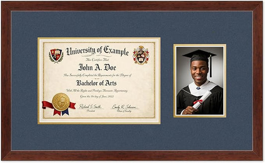 CountryArtHouse Fits 11.69 x 8.27 A4 Certificate and 5 x 7 Photo Diploma and Photo Frame Rustic Walnut Genuine Hardwood with Navy Blue Over Metallic Gold Double mat