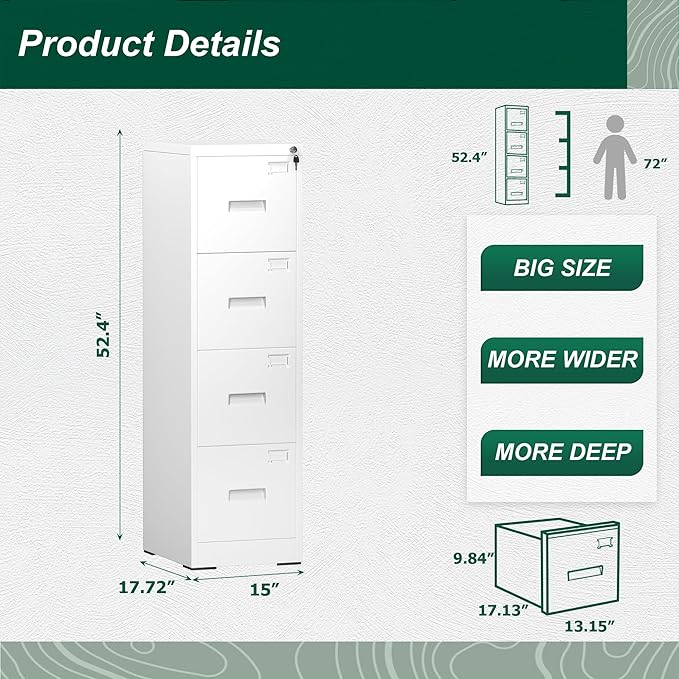 Superday 4 Drawer File Cabinets, 18” D Vertical File Cabinet with Lock, Locking Filing Cabinet for Home Office, White Metal Filing Cabinets for Hanging Letter/Legal Folders, Easy Assemble