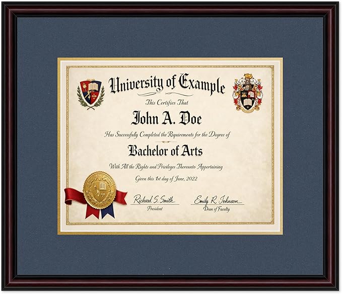 CountryArtHouse Diploma Frame Fits 14 x 11 College Diploma (Modern) - Keepsake Graduation Display Executive Brown Genuine Hardwood with Navy Blue Over Metallic Gold Double mat