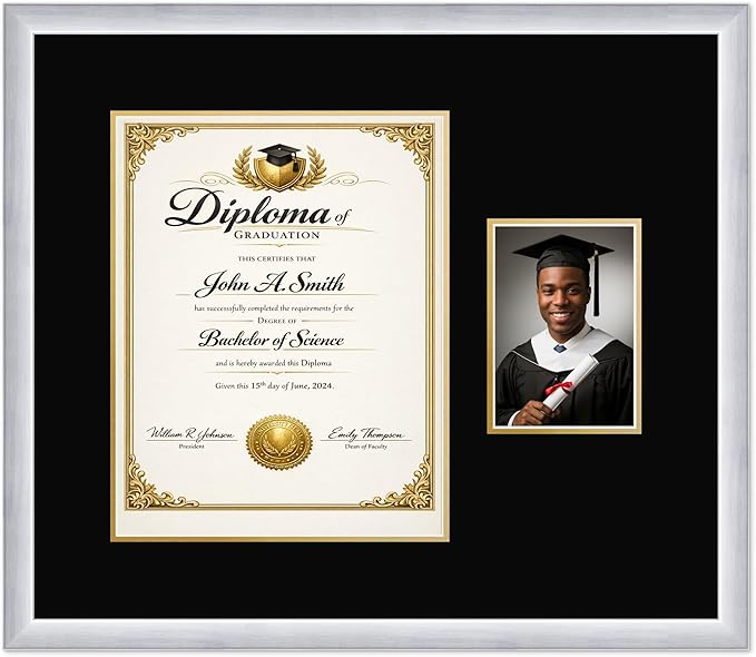 CountryArtHouse Fits 11 x 14 College Diploma (Portrait) and 5 x 7 Photo Diploma and Photo Frame Stainless Silver Genuine Hardwood with Black Over Metallic Gold Double mat