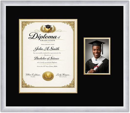 CountryArtHouse Fits 11 x 14 College Diploma (Portrait) and 5 x 7 Photo Diploma and Photo Frame Stainless Silver Genuine Hardwood with Black Over Metallic Gold Double mat