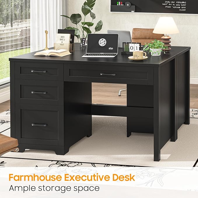 Vabches Farmhouse 47" Executive Desk with File Drawer, Workstation for Home Office, Study, Writing,Wood Computer Desk with 3 Storage Drawers.(Black