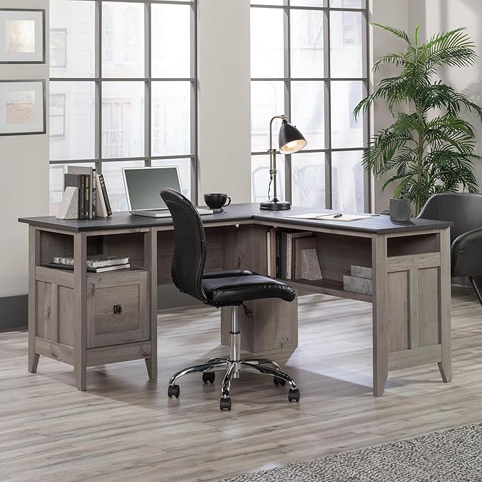 Sauder August Hill L-Shaped Home Office Desk, Farmhouse Corner Desk with File Drawer, Cable Management, Mystic Oak Finish