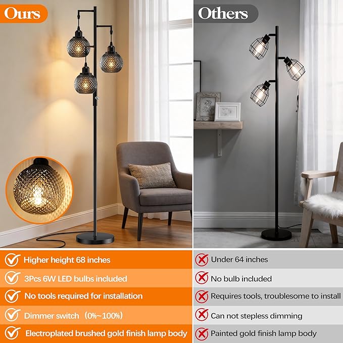 QiMH Modern Floor Lamps for Living Room, Standing Lamp with 3 Lights, 68" Tall Lamp for Bedroom, Grey Vintage Glass Lamp with Stepless Dimmable for Home Decor, 3 LED Bulb Included, Black