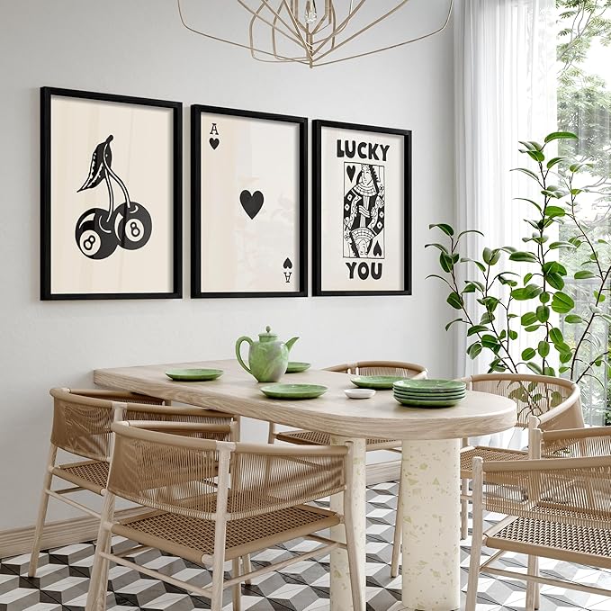 Heiple Framed Set of 3 Poker Wall Art Lucky You Poster, Trendy Retro Print Wall Decor for Queen of Hearts Wall Art Rustic Vintage Farmhouse Home Wall Decor（Black 12"x16"）
