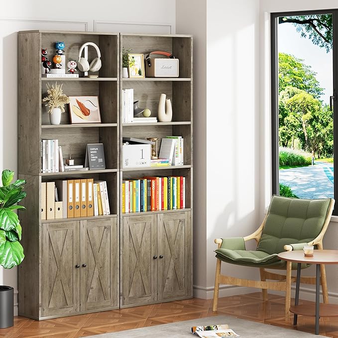 Vongrasig 6-Tier Open Bookcase and Bookshelf with Doors, Floor Standing Farmhouse Display Storage Shelves 71 Inch Wood Tall Bookcase for Home Office, Living Room, Bed Room, Ash Grey