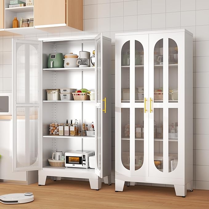 Metal Kitchen Pantry Storage Cabinet,Food Pantries Cabinets with Acrylic Glass Doors and Adjustable Shelves,Storage Cupboard for Kitchen, Living Room, Laundry Room and Dinning Room 61.02”H