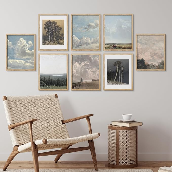 SIGNWIN Framed Poster Wall Art Set of Vintage Landscape Wall Antique Tree Cloud Art Rustic Framhouse Decor for Living Room, Bedroom, Office - 11"x14"x 8 Natural