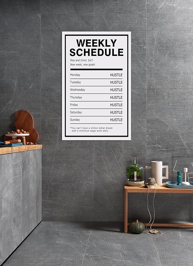 Weekly Schedule Inspirational Wall Art Motivational Entrepreneur Quote Painting Prints on Canvas Success Inspiring Hustle Posters Rise Grind Pictures Artwork Home Office Decor Framed (28" Wx44 H)