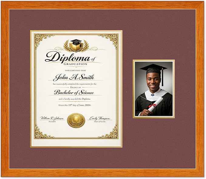 CountryArtHouse Fits 11 x 14 College Diploma (Portrait) and 5 x 7 Photo Diploma and Photo Frame Honey Oak Genuine Hardwood with Dark Red Over Metallic Gold Double mat