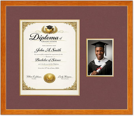 CountryArtHouse Fits 11 x 14 College Diploma (Portrait) and 5 x 7 Photo Diploma and Photo Frame Honey Oak Genuine Hardwood with Dark Red Over Metallic Gold Double mat