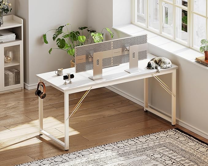 Casaottima 54 Inch Computer Desk for Home Office, Study Writing Table for Small Spaces, Simple Modern Desk with Headphone Hooks, White