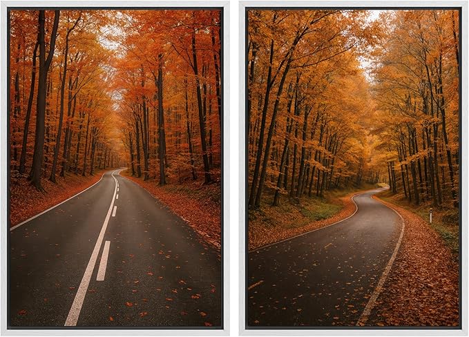 SIGNWIN Framed Canvas Print Wall Art Set Autumn Forest Road Nature Landscape Illustrations Modern Art Minimal Boho Relax/Calm for Living Room, Bedroom, Office - 24"x36"x2 White