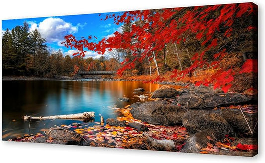 DZL Art S72698 Nature Wall Art Canvas Artwork Lake Mountain Red Maple Leaf National Park Nature Pictures for Living Room Bedroom Office Wall Decor Home Decoration
