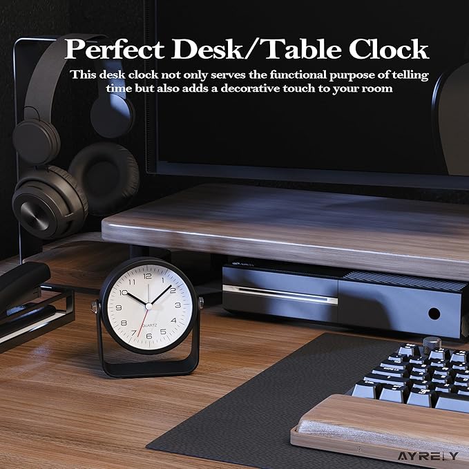 AYRELY® 3.5 Inch Small Analog Alarm Clocks,Battery Operated Desk Clock,Cute Table Clock with Light，Adjustable Angle for Travel,Bedside,Bedroom,Kids,Living Room Decor(Black)