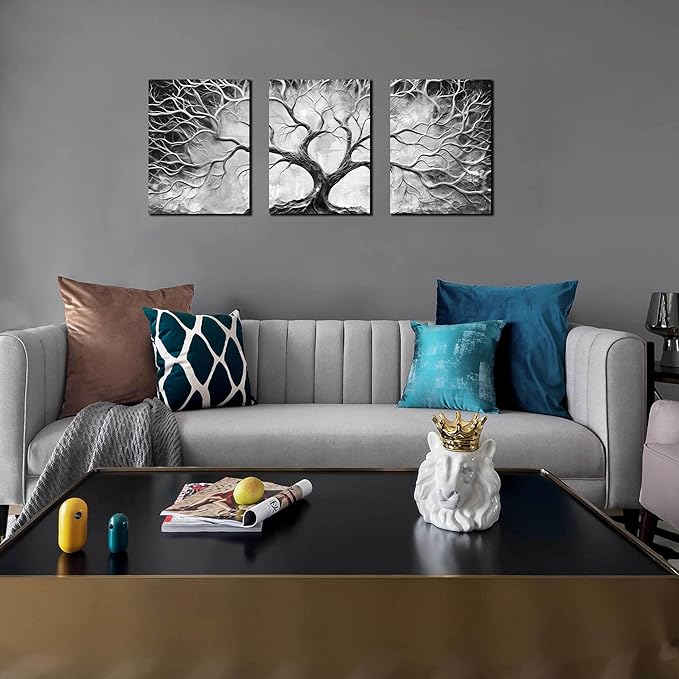 Tree Wall Art for Living Room - Modern Black and White Pictures Wall Art for Bedroom - 3 Piece Wall Decor for Office Size 12" x 16"