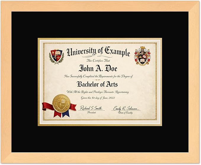 CountryArtHouse Diploma Frame Fits 11.69 x 8.27 A4 Certificate - Keepsake Graduation Display Natural Wood Genuine Hardwood with Black Over Metallic Gold Double mat
